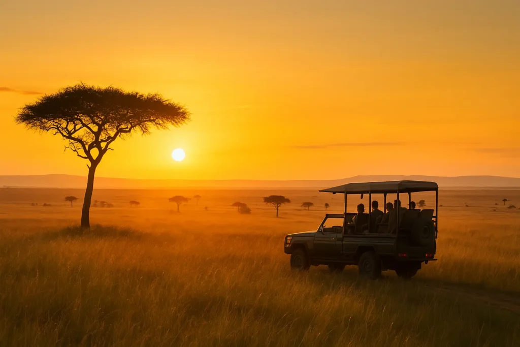 Game drive across Maasai Mara plains at golden hour.