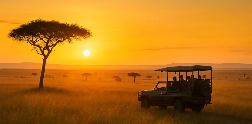 Game drive across Maasai Mara plains at golden hour.